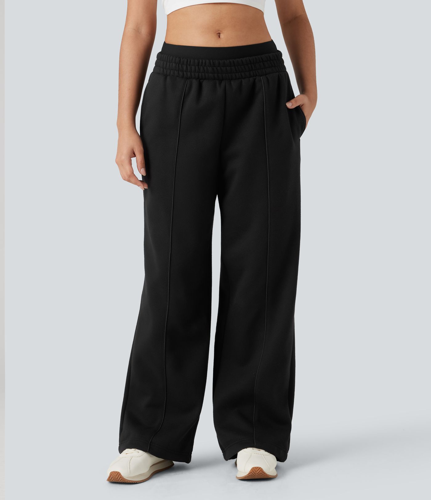 Pantalon large fluide polaire color block double ceinture gainant taille haute avec poches