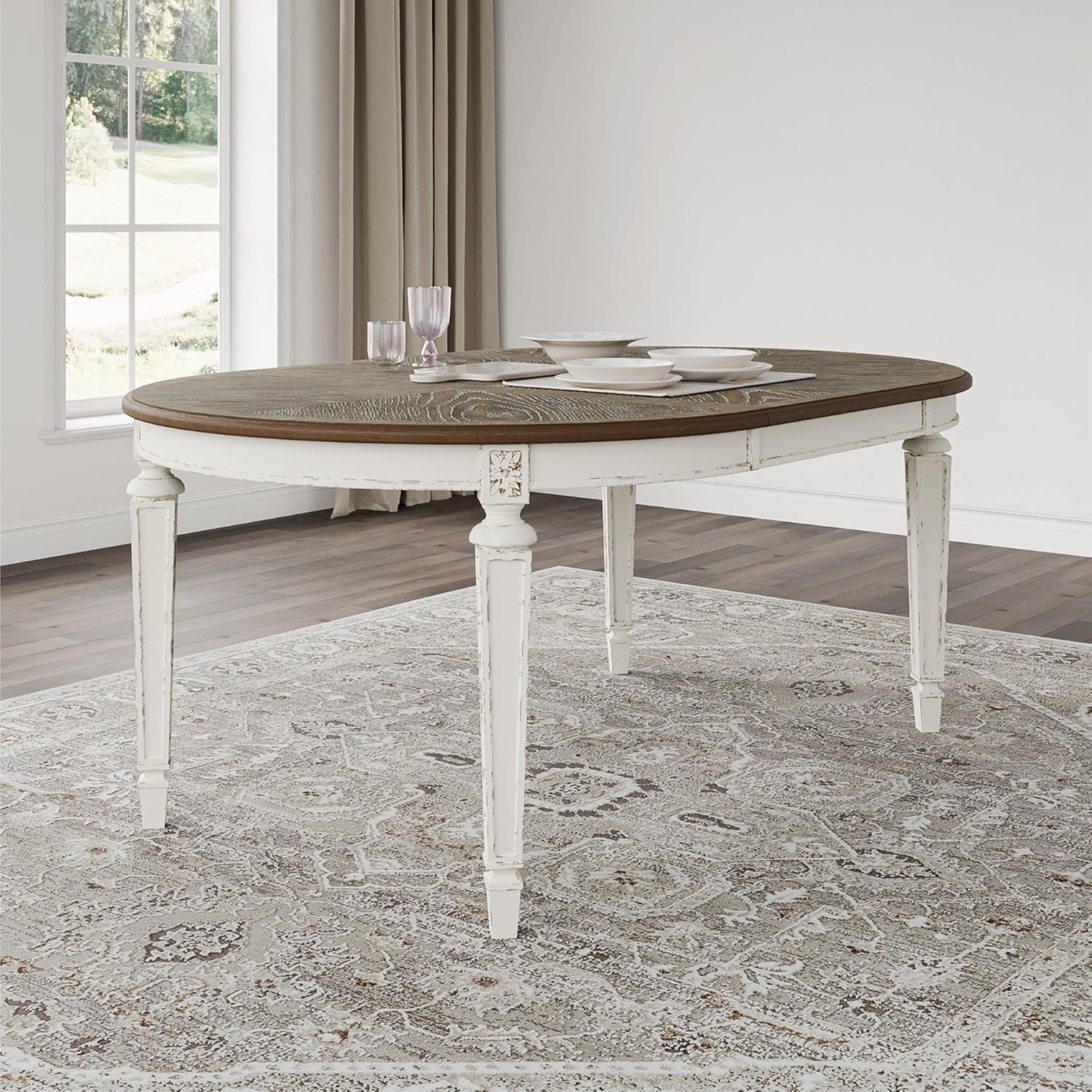 Signature Design by Ashley Realyn Oval Dining Room Extension Table, Seats 6, Antiqued 2-tone Finish, Wood, Distressed White