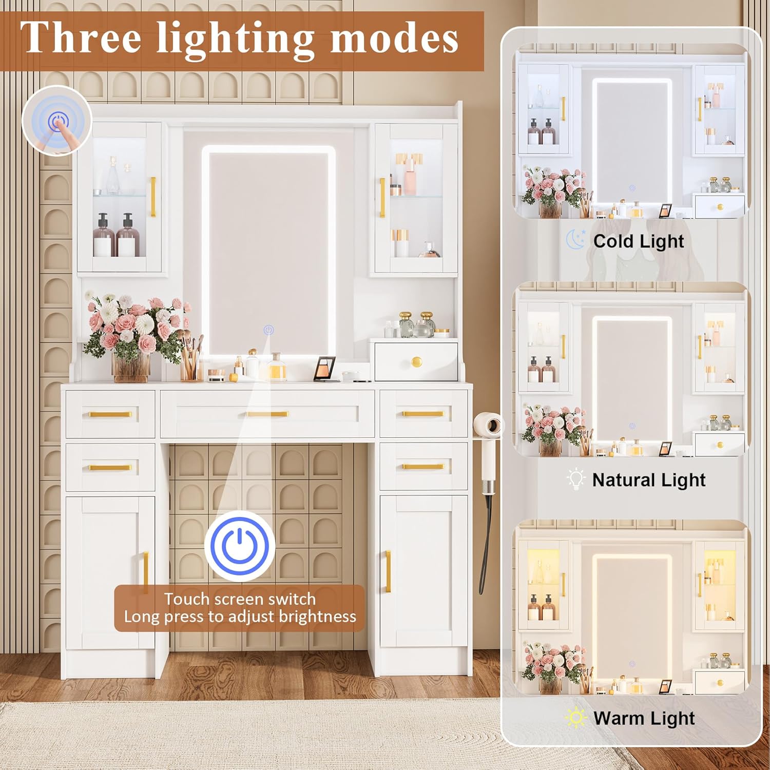 KAMABOKO Vanity Desk with Mirror & LED Lights & Power Outlet, Large Makeup Vanity Table with 5 Drawers and 4 Storage Cabinets, White Dressing Table for Bedroom