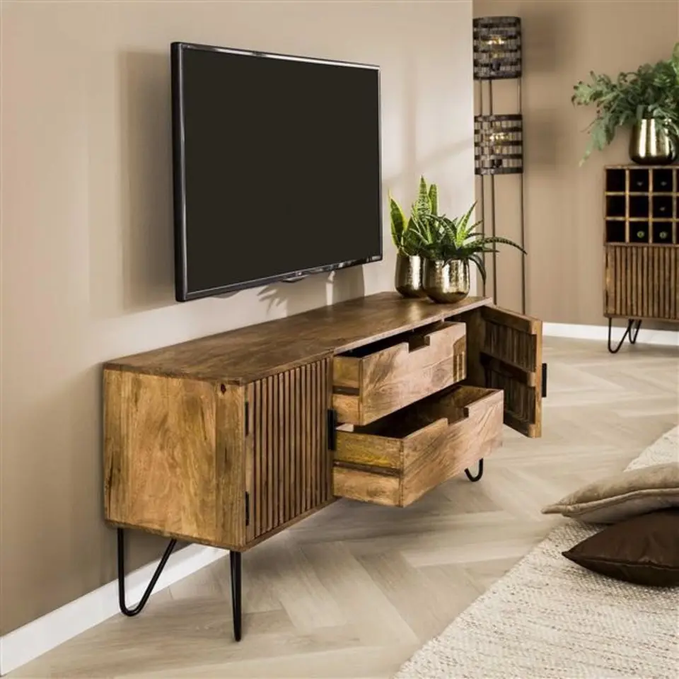Industrieel TV-meubel Tory mangohout - 135x135x55 cm - Mangohout - Bruin