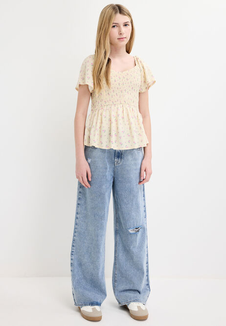 Older Girls Lemon Floral Shirred Flute Sleeve Top
