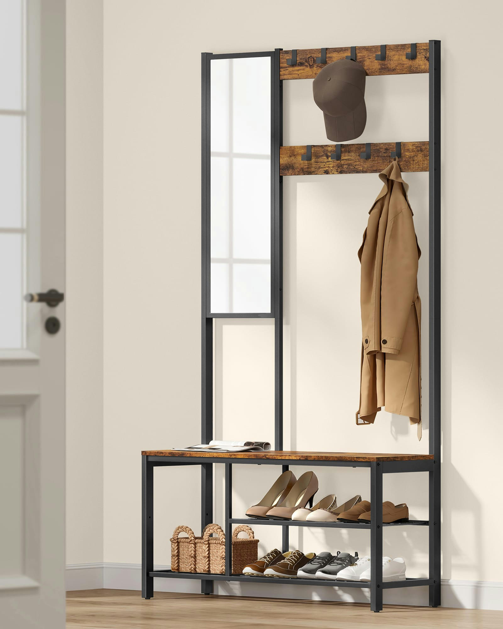 - Portemanteau effet bois acier marron rustique et Noir