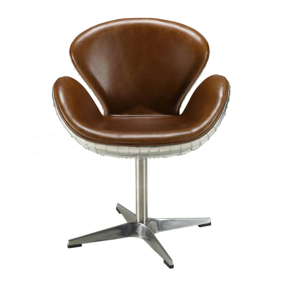 GASTON - Fauteuil vintage en cuir marron pieds en aluminium