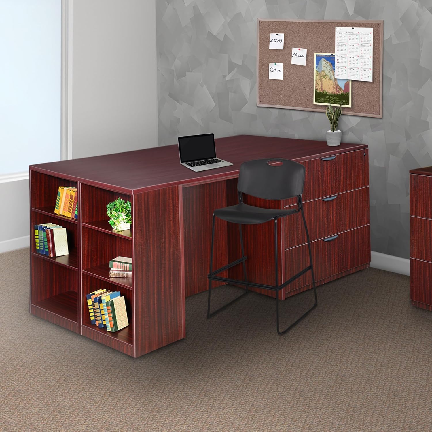 Regency Legacy Stand Up Desk/ 3 Lateral File Quad with Bookcase End- Mahogany