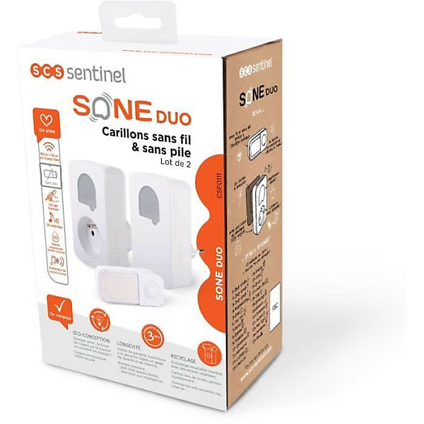 Carillons - SCS SENTINEL - SONE DUO - Sans fil et sans pile - Lot de 2 - Portée 150 50 metres - Auto-alimenté