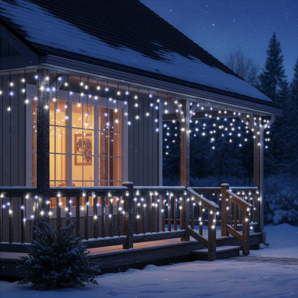 Kurtyna świetlna zewnętrzna PRO 500 Led lampki sople 25m pilot, zimny biały