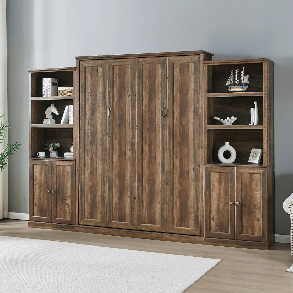 Queen Size Murphy Bed with 2 Side Cabinet Storage Shelf
