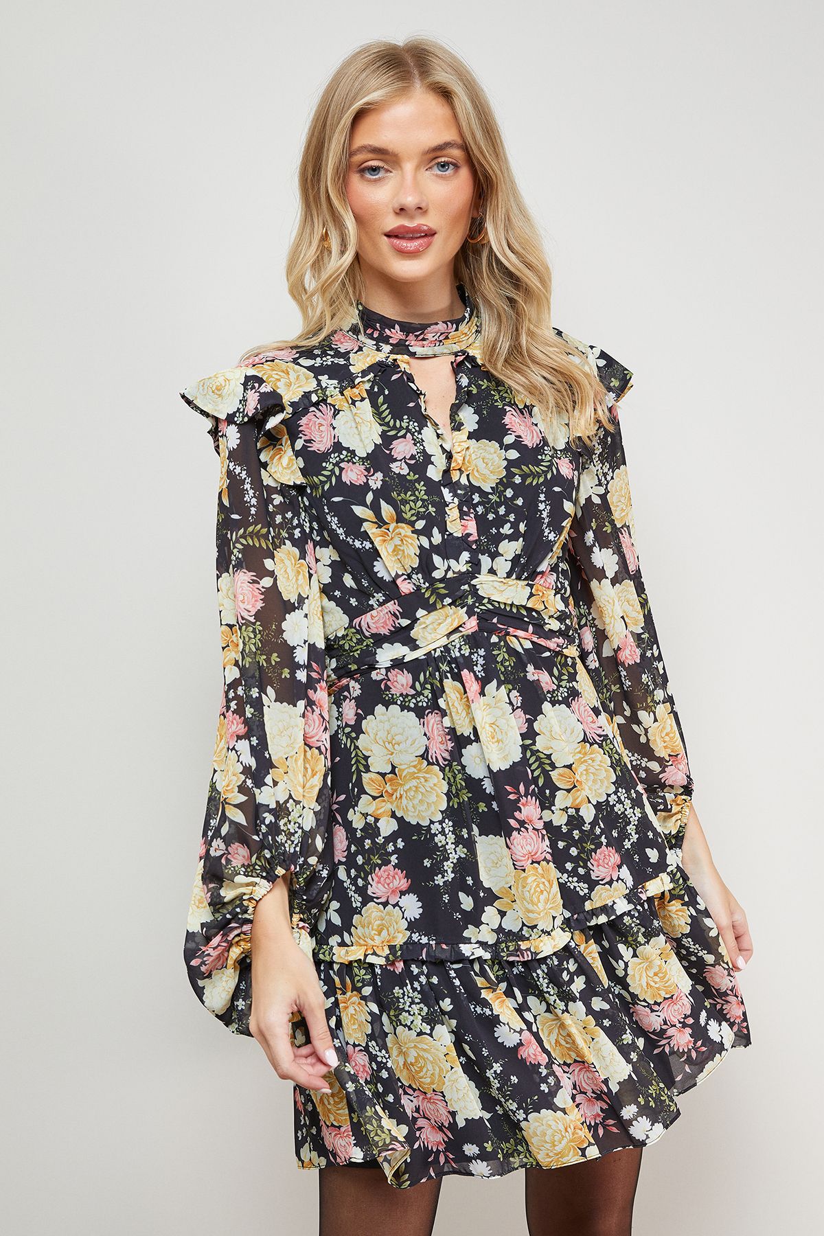 Oasis Printed Ruched High Neck Mini Fit And Flare Dress