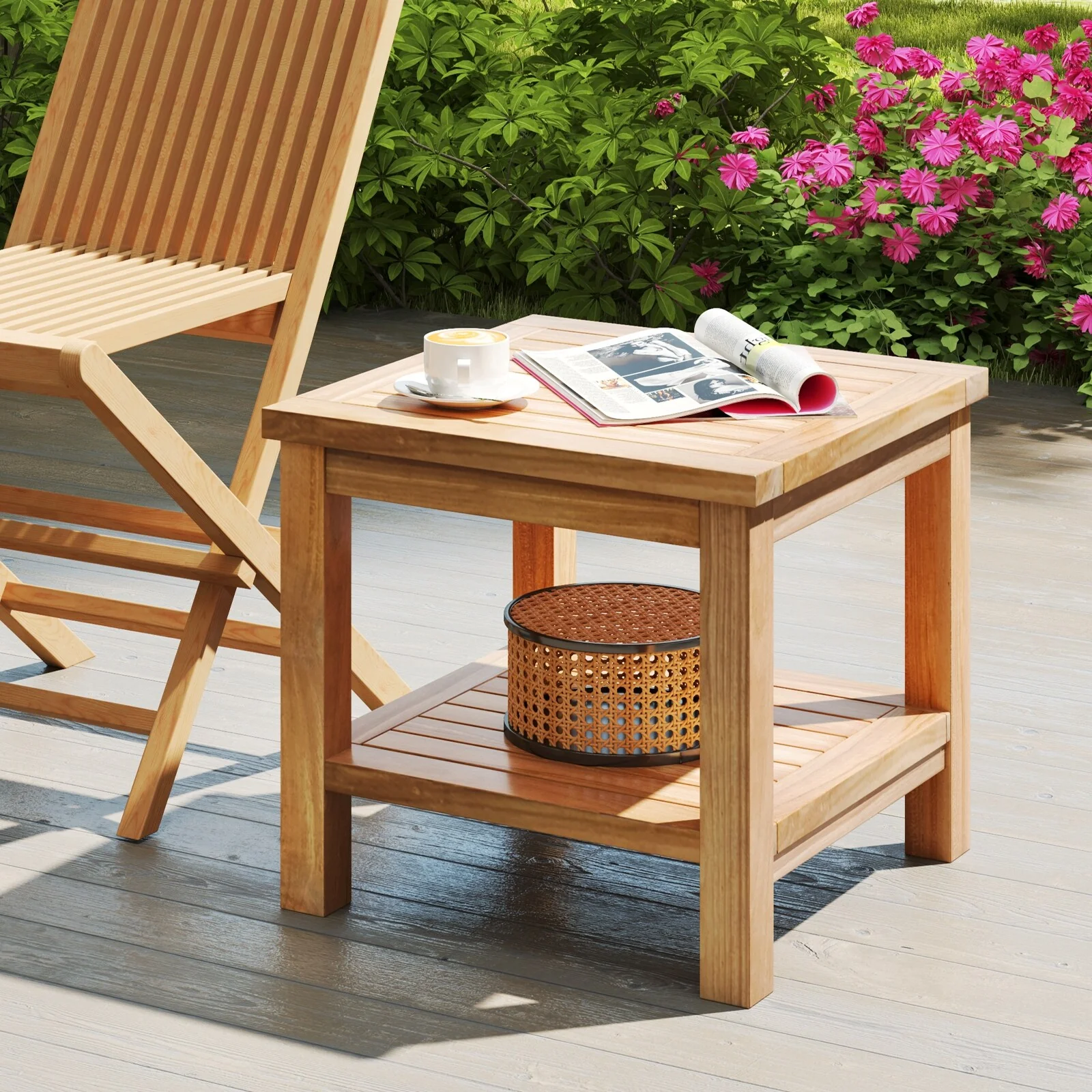 Gymax Teak Wood Side Table w/ Storage 20'' Square End Table w/ Open