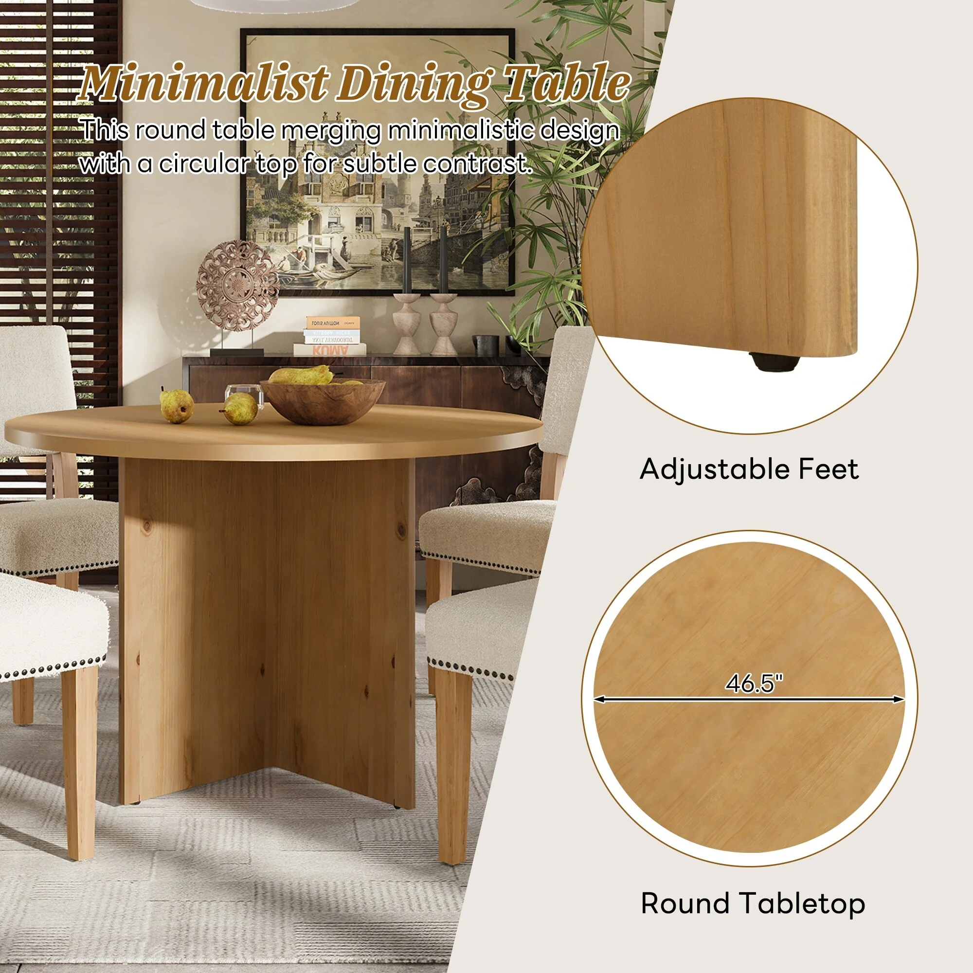Farmhouse Style 5-Piece Wooden Dining Set with Round Table and 4 Lambswool-like Fabric Upholstered Chairs