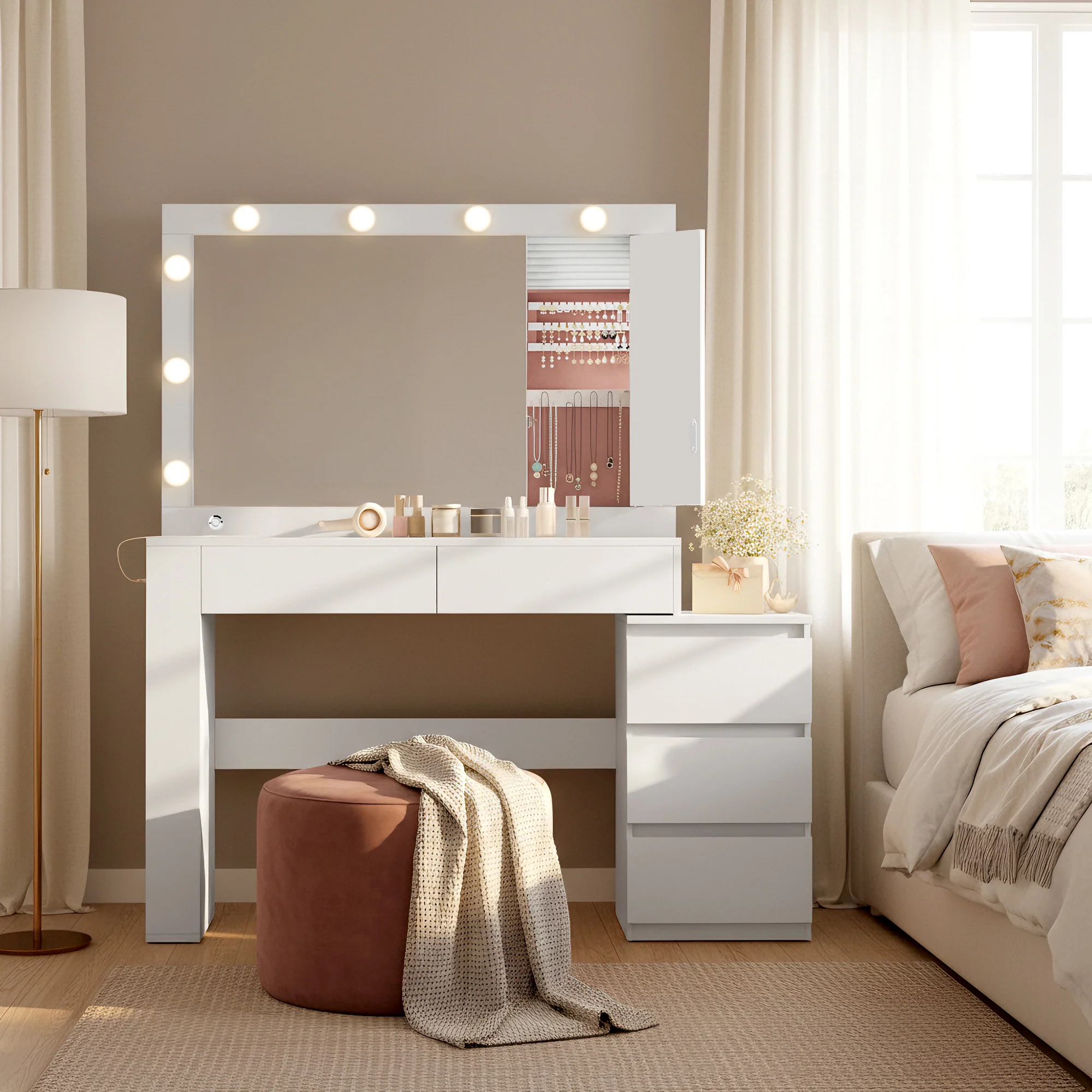 Coiffeuse avec Miroir LED et 5 Tiroirs, avec Multiprise, Moderne