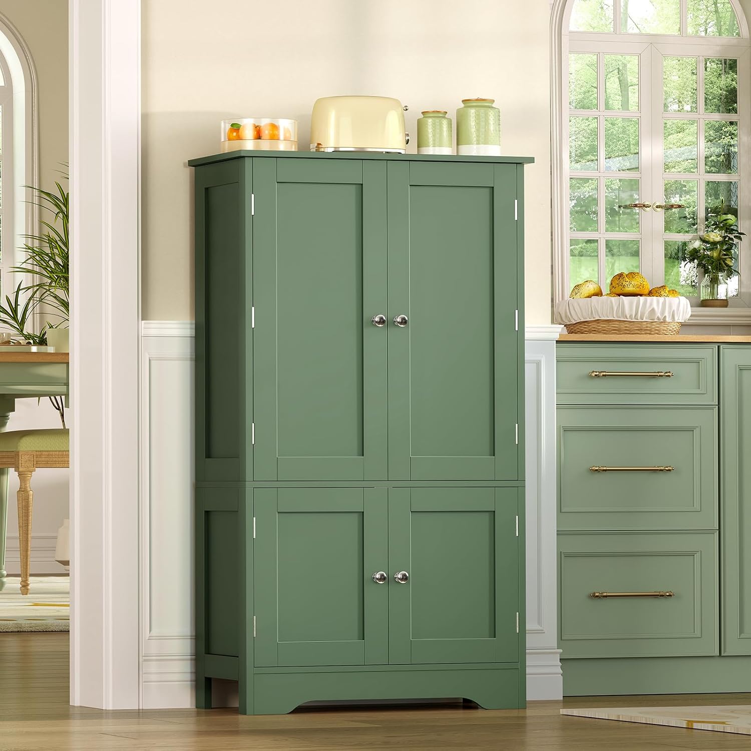 TEENFON 43 H Storage Cabinet with 4 Doors, Kitchen Cabinet with 6 Door Shelves, Kitchen Pantry Cabinets for Living Room, Dining Room, Bathroom, Forest Green
