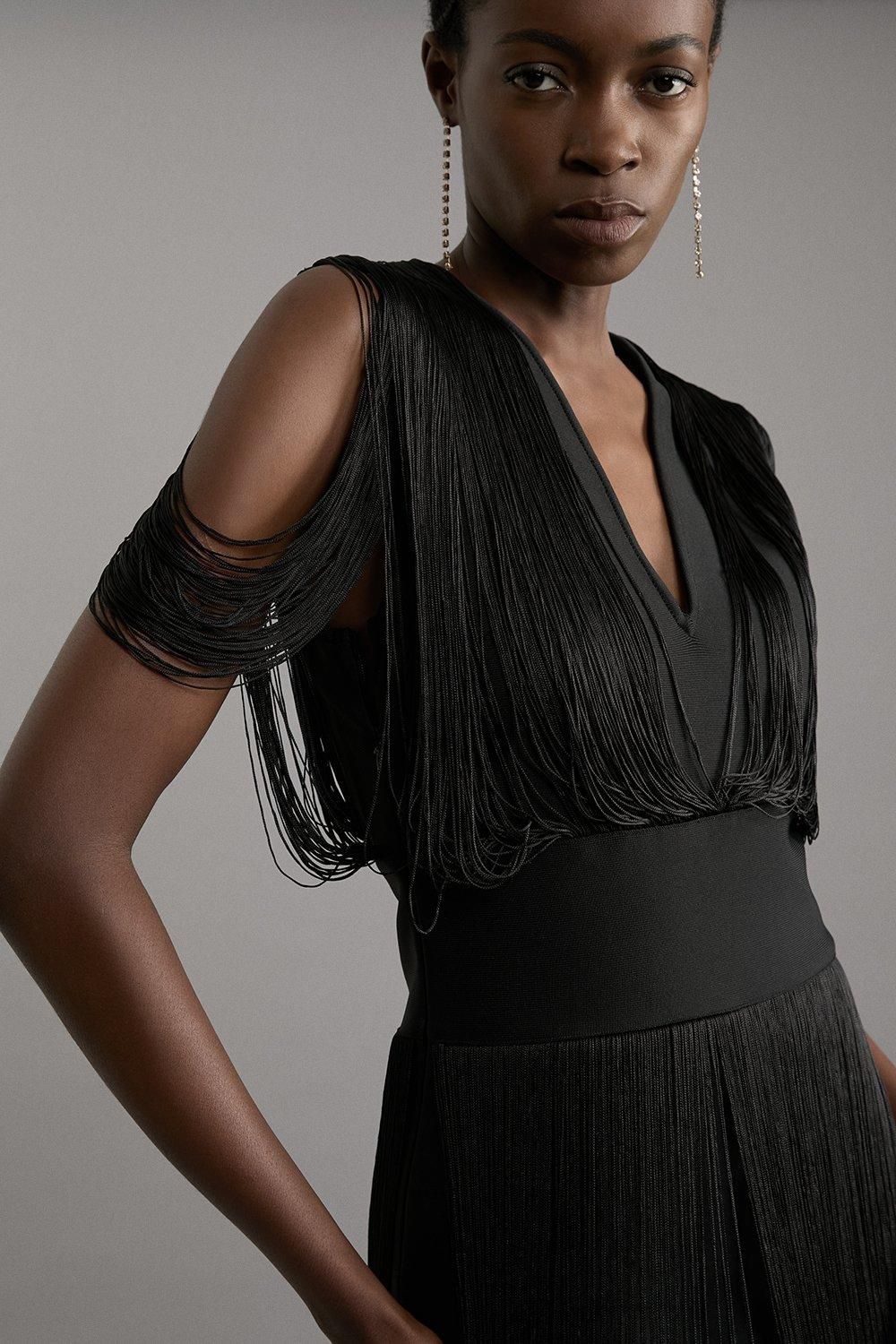 KarenMillen Figure Form Bandage Knit Fringe Detail Dress