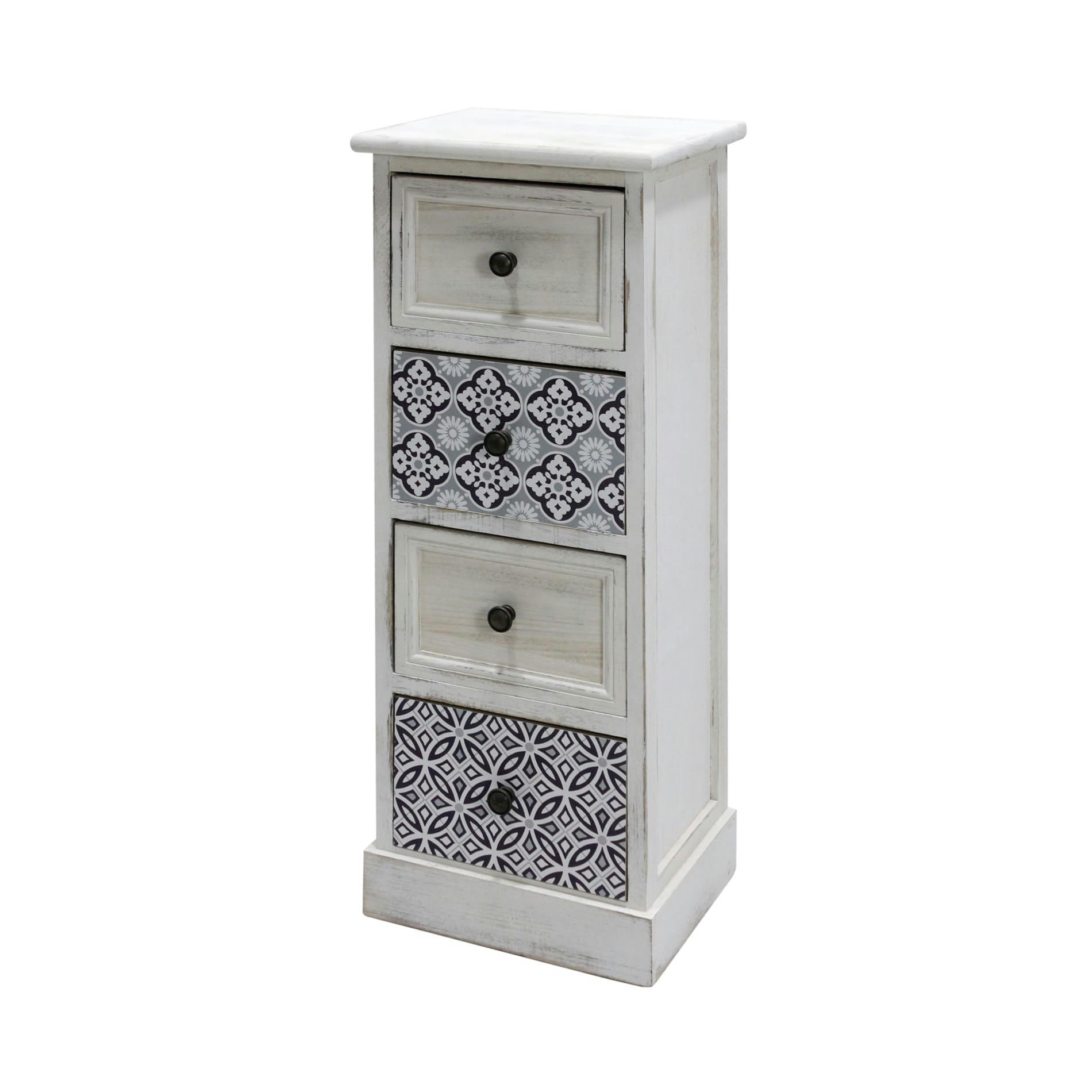 - Chiffonnier majolique avec 4 tiroirs en bois blanc et gris
