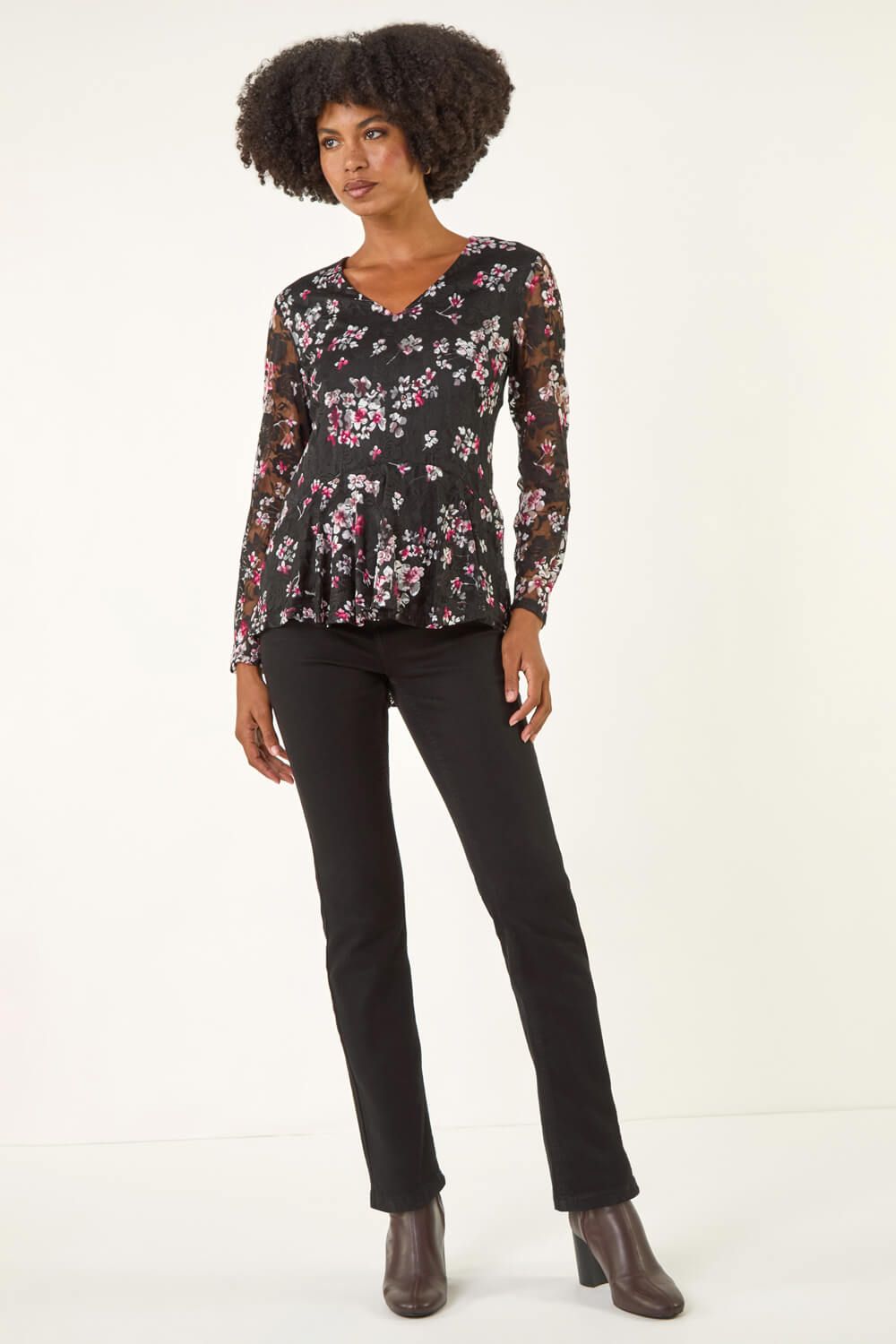 Roman Printed Mesh V-Neck Top