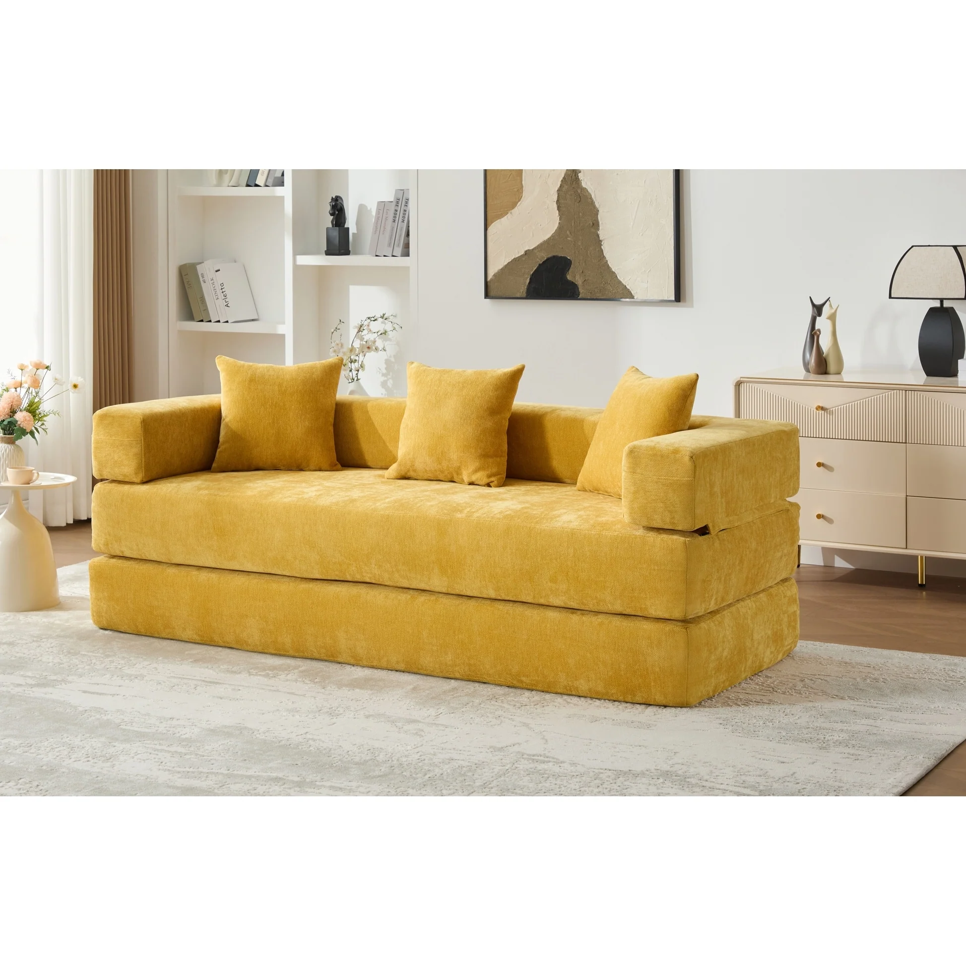 HOMEFUN Chenille Upholstered Convertible Foldable Memory Foam Sleeper Sofa with Pillows for Living Room