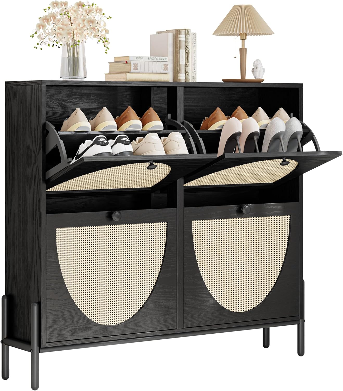 IRONCK Rattan Shoe Cabinet Storage with 4 Flip Drawers, Freestanding Shoe Storage Organizer Cabinet for Entryway, Narrow Shoe Rack Cabinet, Matte Black