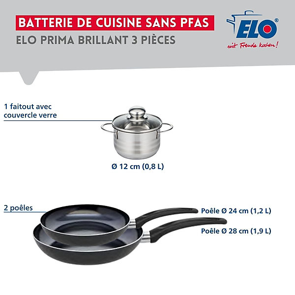 Ensemble de 2 Poêles de cuisson 24 et 28 cm et 1 faitout 12 cm Elo Prima Brillant
