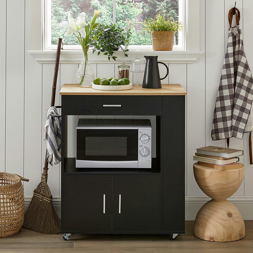 - Desserte effet bois noir à roulettes 1 tiroir 2 portes