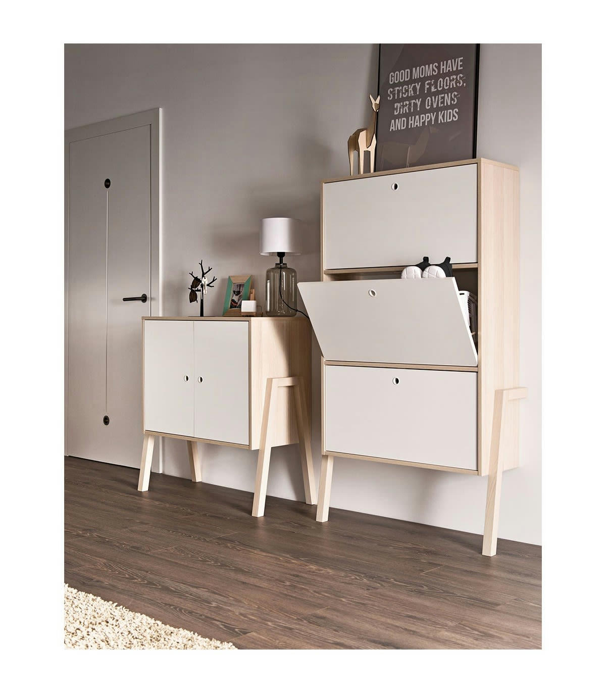 SPOT - Commode 2 portes 1 étagère intérieure - Blanc et beige