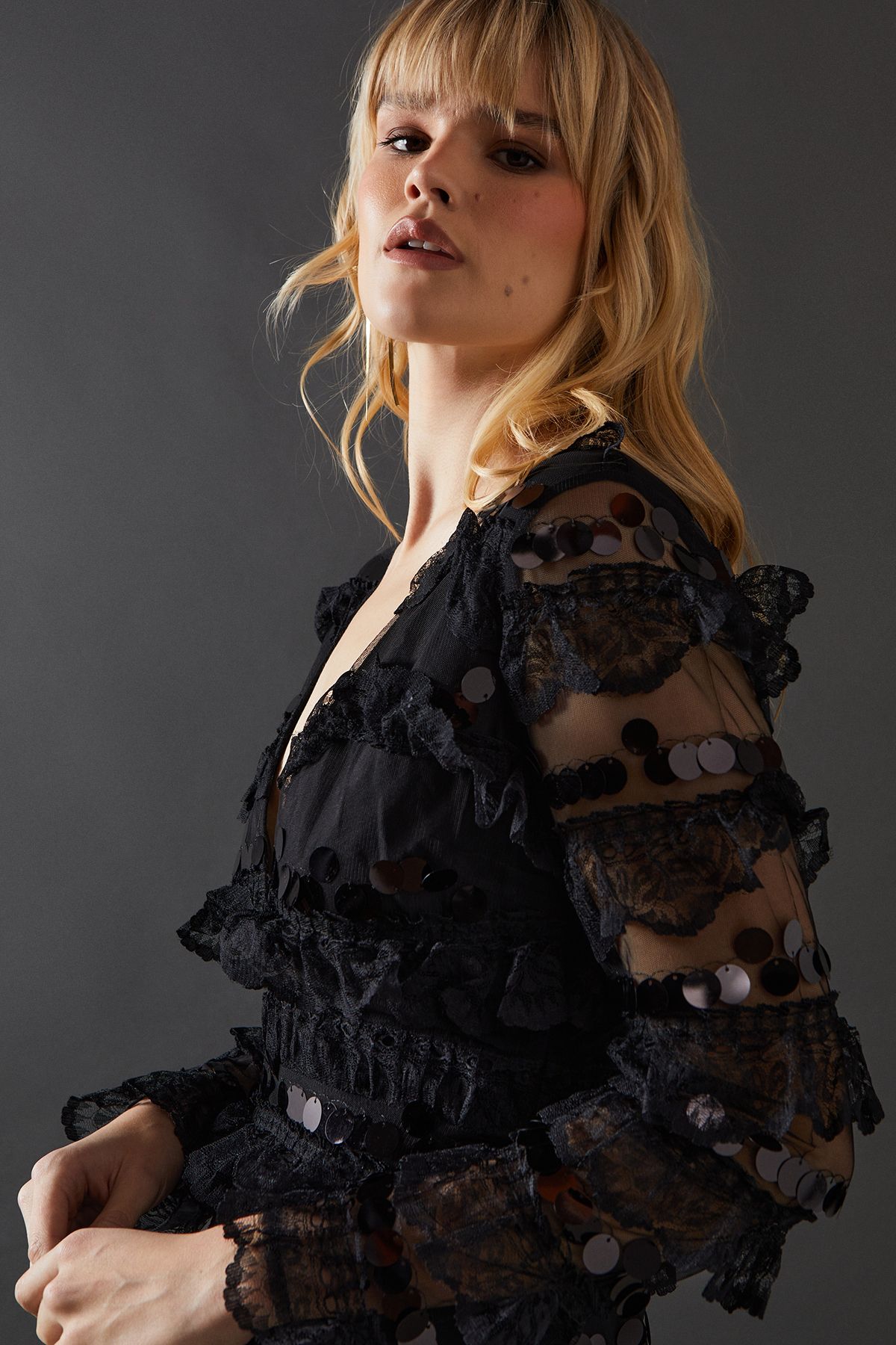 Warehouse Premium Lace Sequin Frill Tier Plunge Neck Maxi Dress