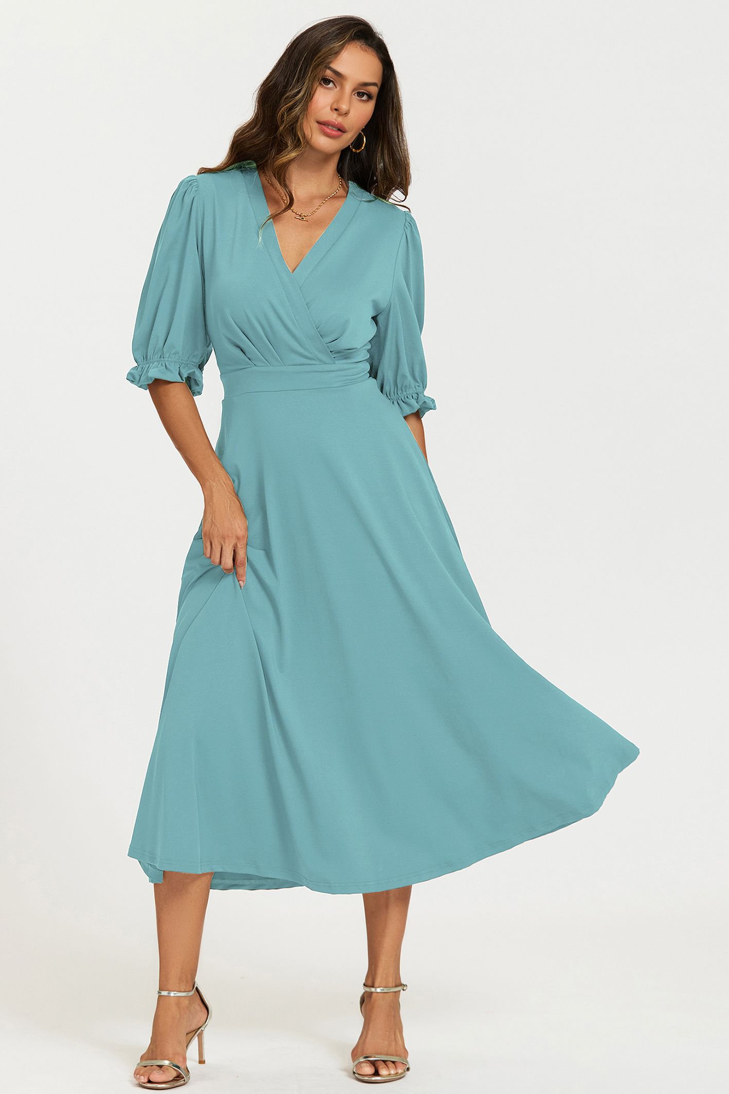 FS Collection Half Sleeves Jersey Midi Dress with Wrap Neckline