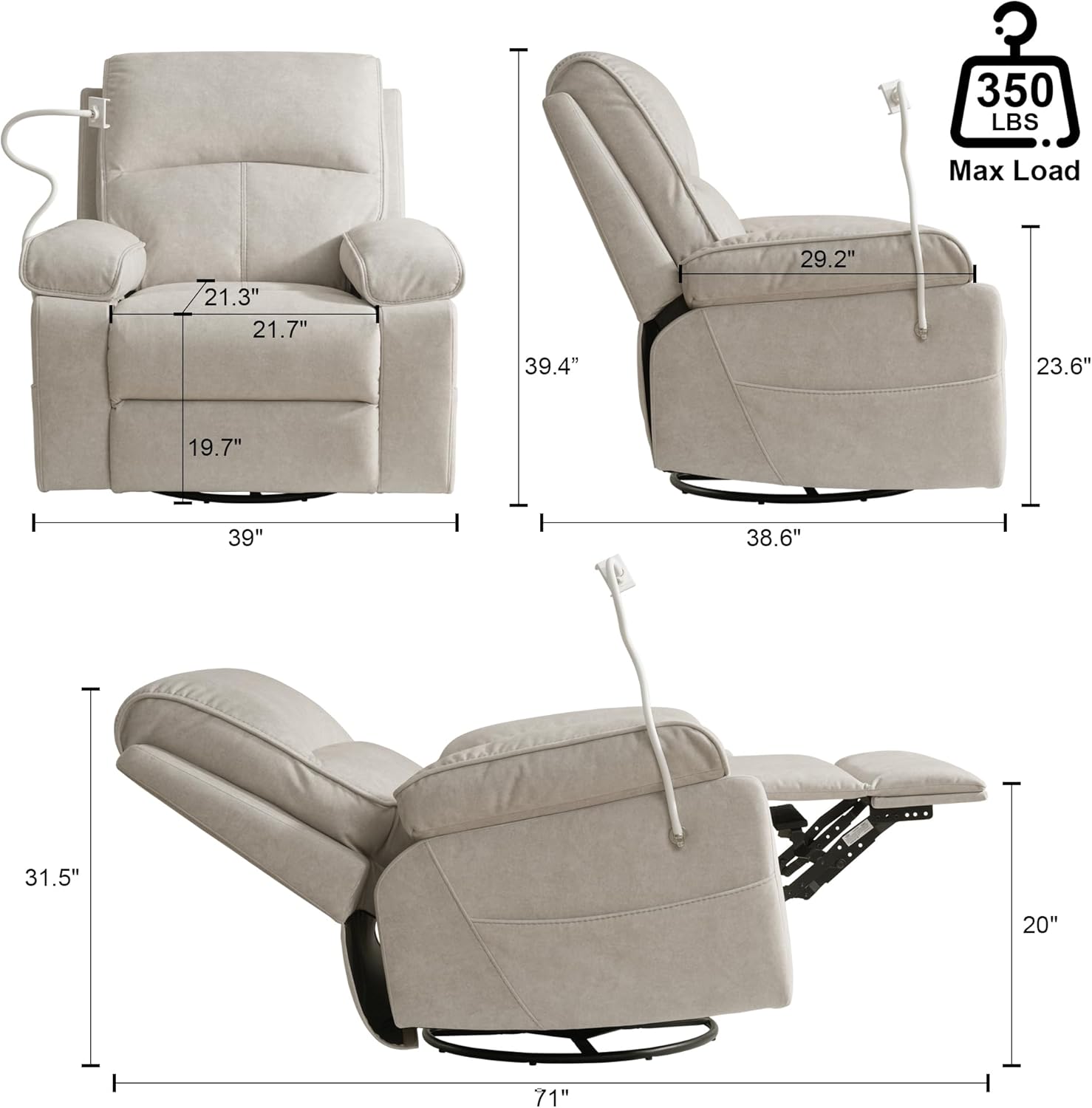 Nursery Rocking Chairs Glider Recliner with Flexible Phone Holder,Comfortable Nursing Chair Swivel Rocker Recliner for Baby Breastfeeding, Velvet, Beige