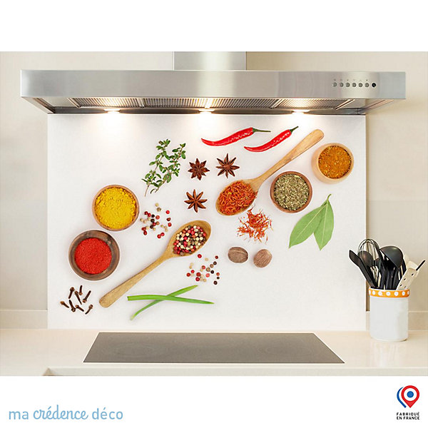 Crédence cuisine fond de hotte Epices et cuillères bois 2 - Verre trempé - L 70 cm x H 60 cm