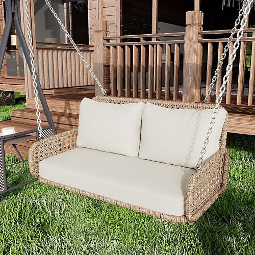Balancelle de jardin 2 places - Fauteuil suspendu en PE Rotin avec coussins - Beige