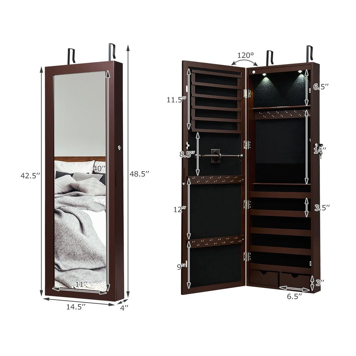 Costway Wall Mount Mirrored Jewelry Cabinet Organizer LED Lights