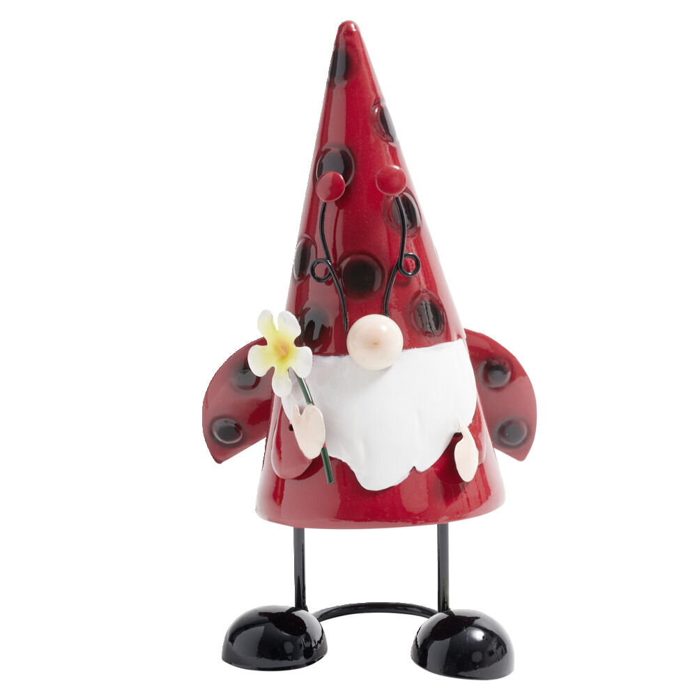 Nain de jardin gnome en métal à poser motif coccinelle 12x8xH21cm