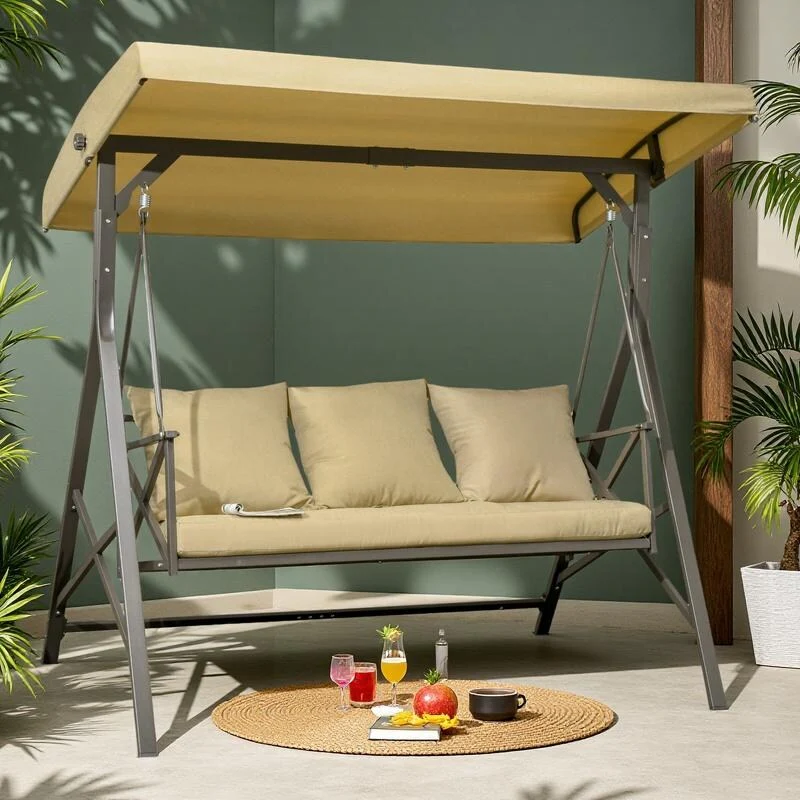 Steel 3-Seat Patio Swing with Canopy - Outdoor Glider Cushion and Throw Pillows (660lb Capacity)