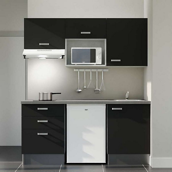 Kitchenette K20 façades Noir - Plan de travail Gris béton - Crédences : Non - Evier inox - Electroménager Blanc inclus