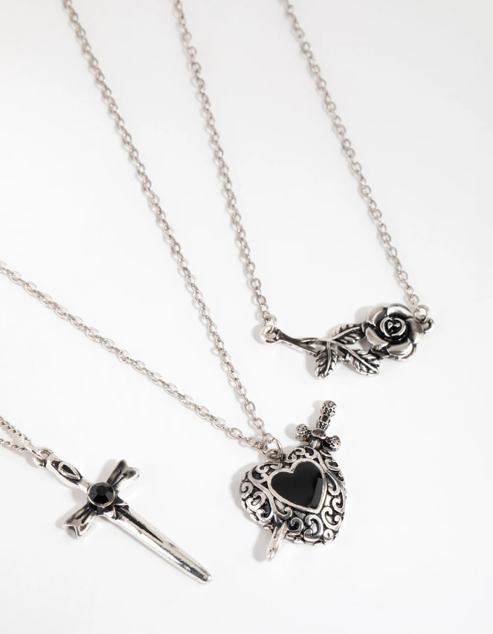Antique Silver Enamel Heart Layered Necklaces