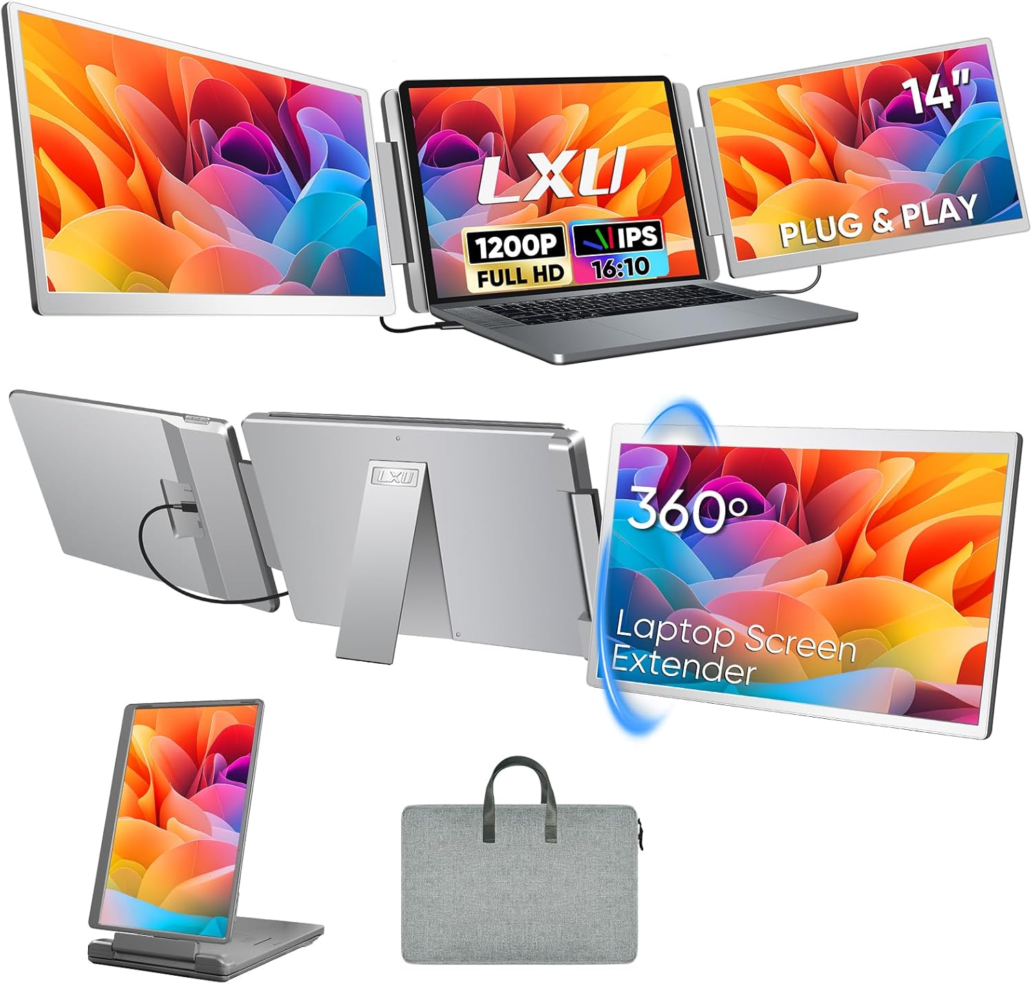 Laptop Screen Extender  FHD 1200P 16:10 IPS Portable Monitor for Laptops 12~16.2 inch  14 Triple Screen Laptop Monitor Extender Display  Plug & Play with USB-C HDMI for Windows/MacBook/Switch/PS5