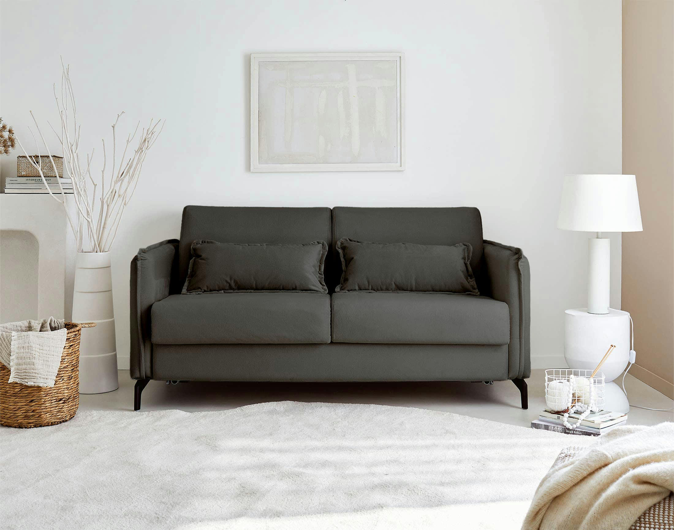 AGATE - Canapé droit convertible 3 places en velours gris foncé