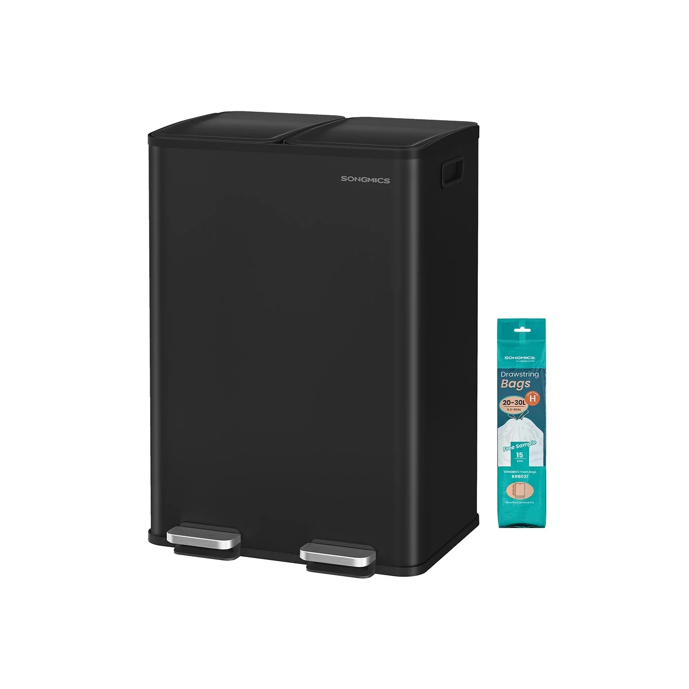 Poubelle à pédale en acier deux compartiments fermeture douce, 2 x 30 L