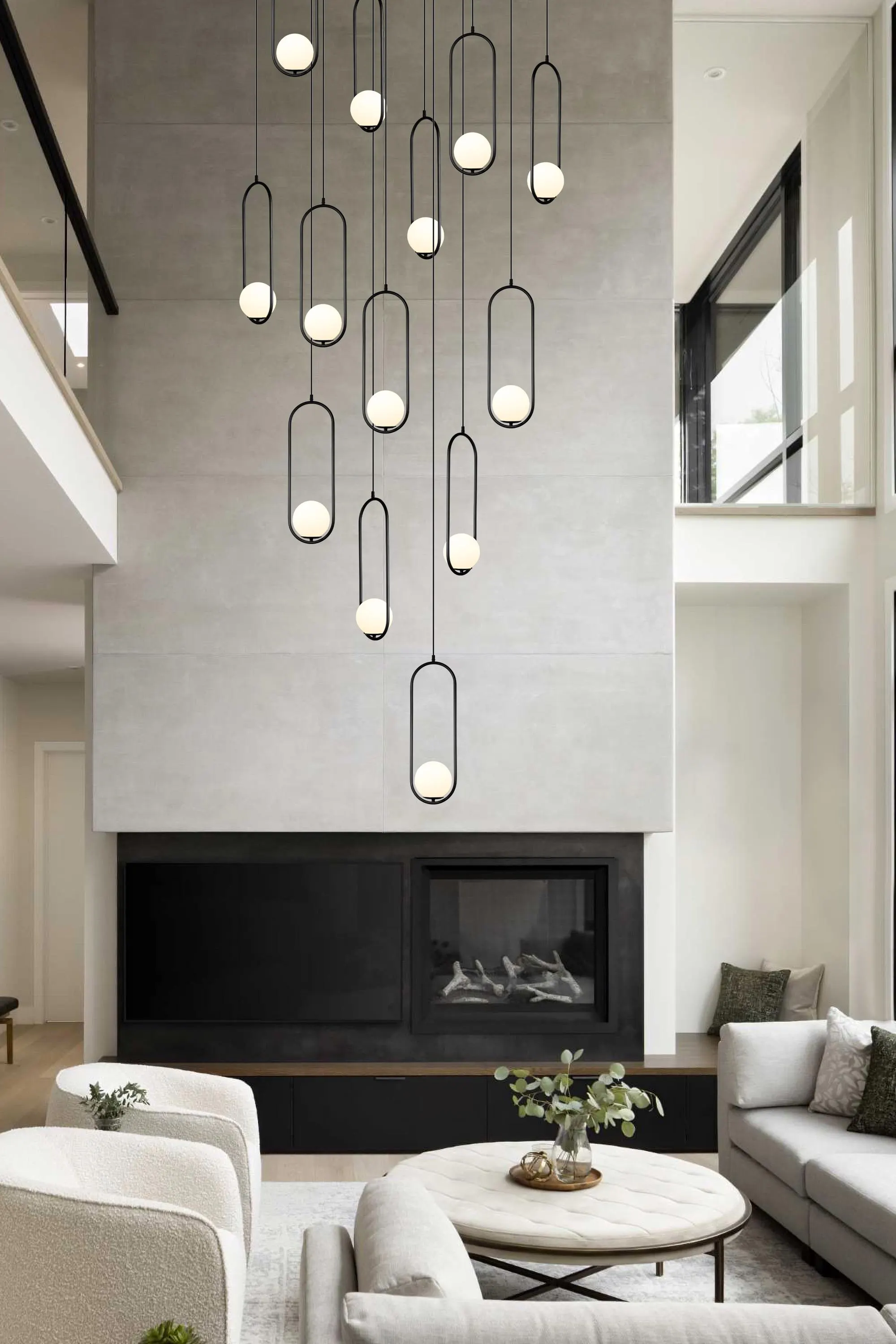 Modern Multi-Pendant Chandelier, Opal Glass Globe, Stairwell Lighting