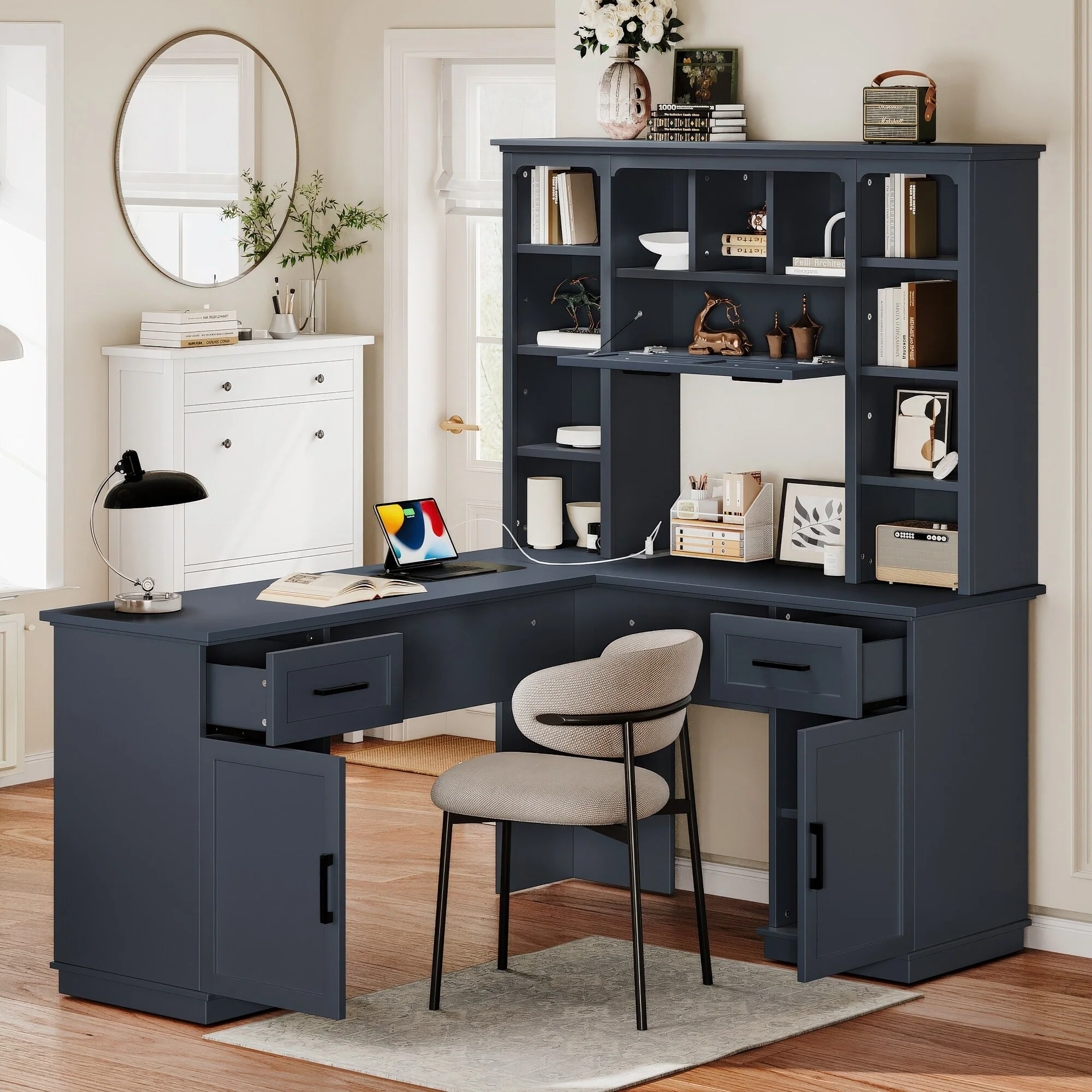 2-in-1 L-Shaped Computer Desk with Storage Cabinet & Power Outlet, Office Desk with Open Shelf & Drawers