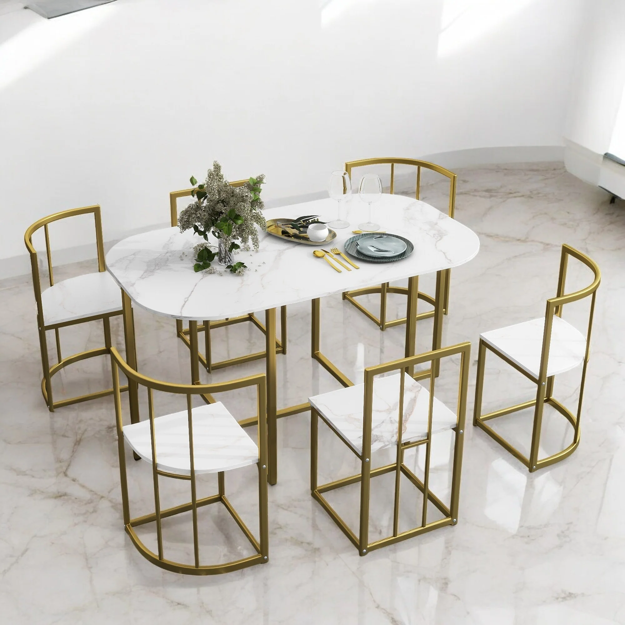 Modern 7-Piece Dining Set with Faux Marble 55 Compact Table and 6 Triangular Chairs for Small Spaces and Dining Room