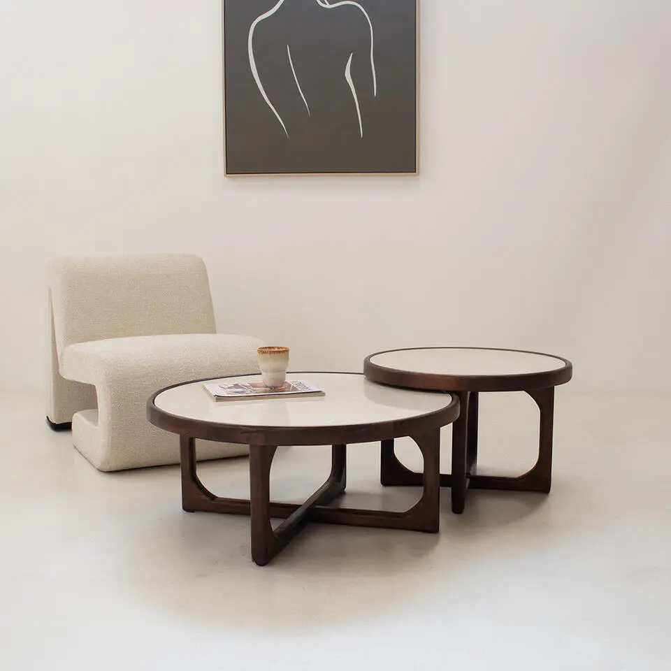 Salontafel Marmer Donkerbruin - Set Van 2 - 90x90x35cm - Ayase