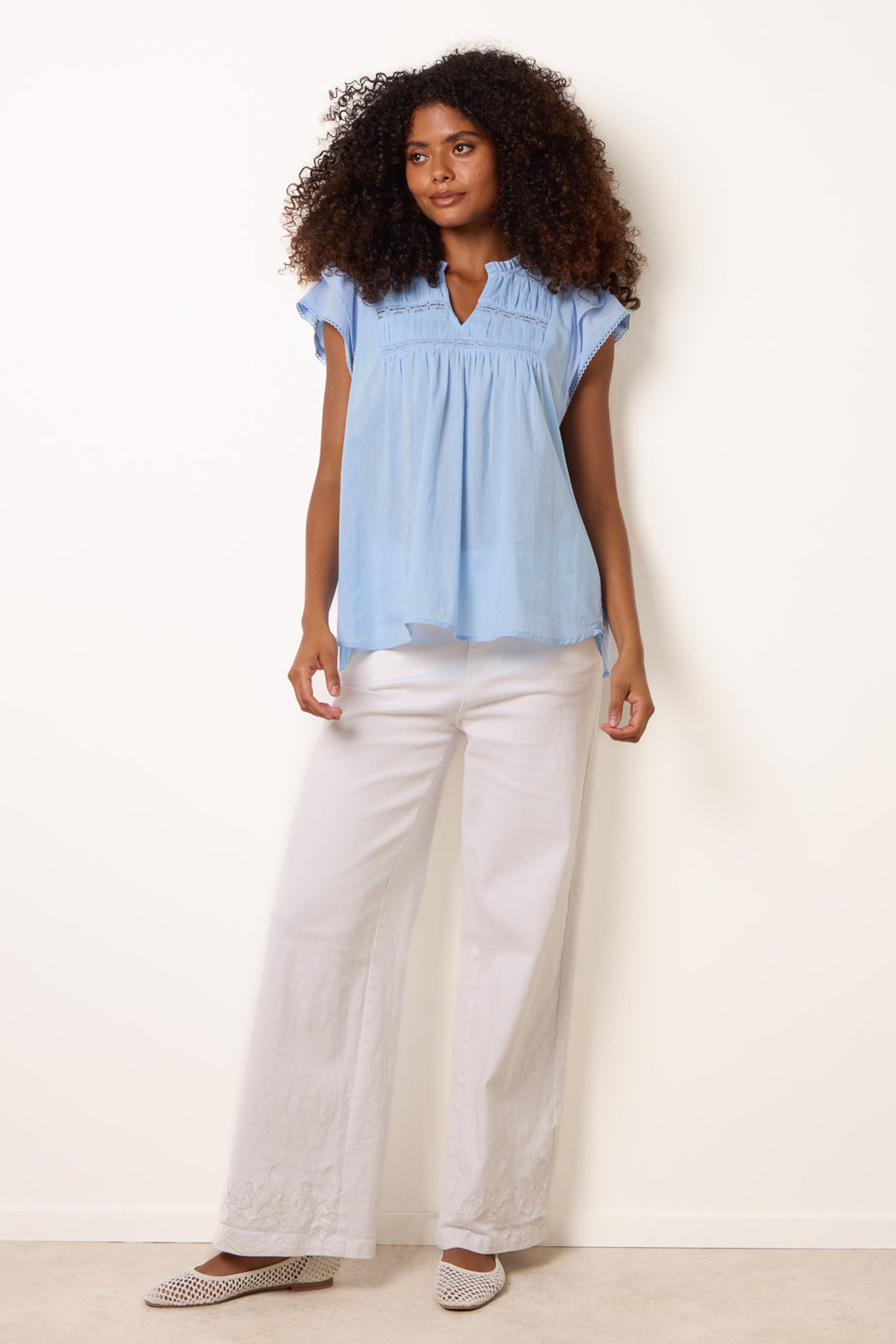 Blue Vanilla Blue Cotton Embroidery Detail Ruffle Sleeve Top