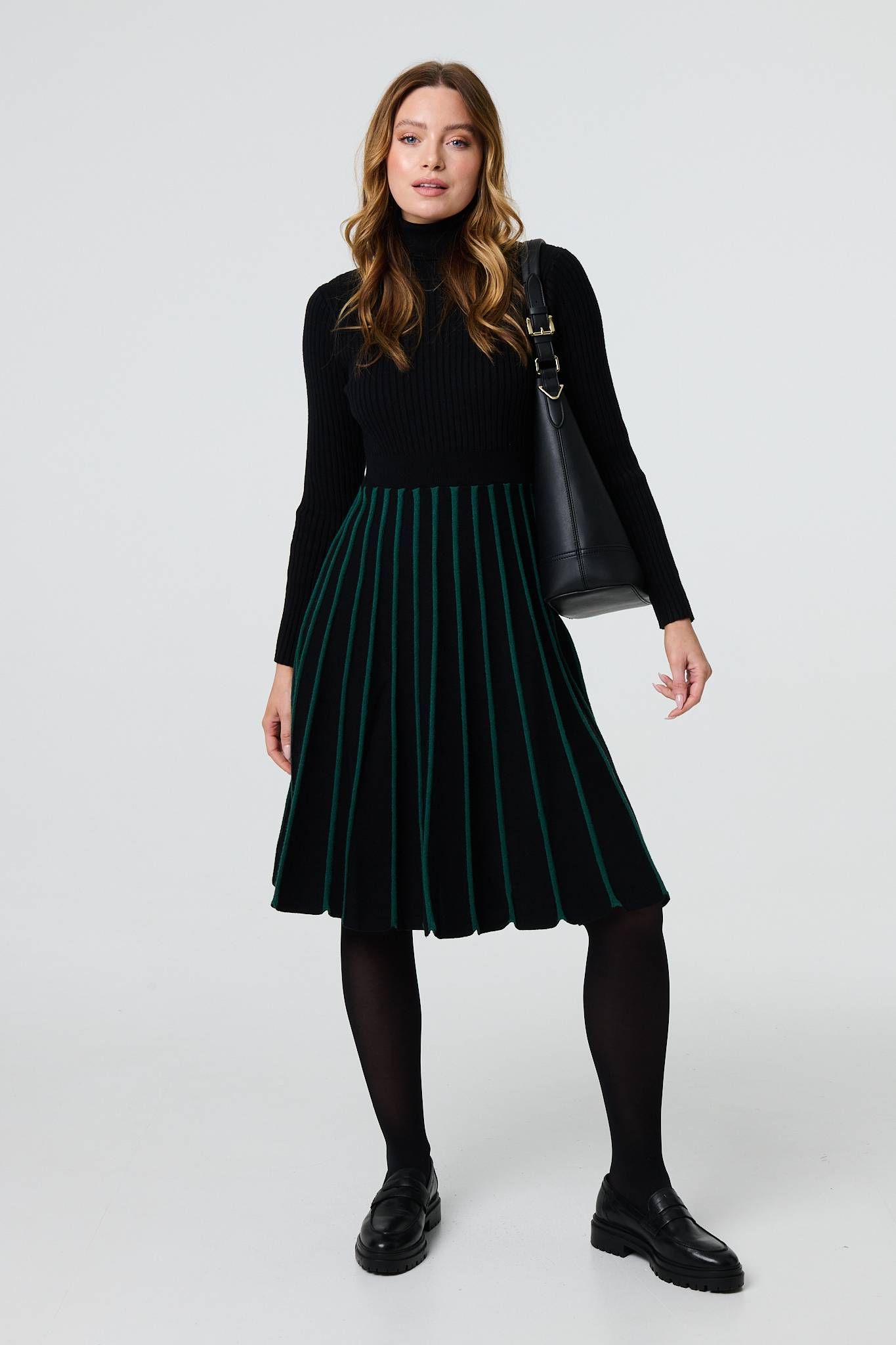 Izabel London Striped Knit Top High Neck Midi Dress