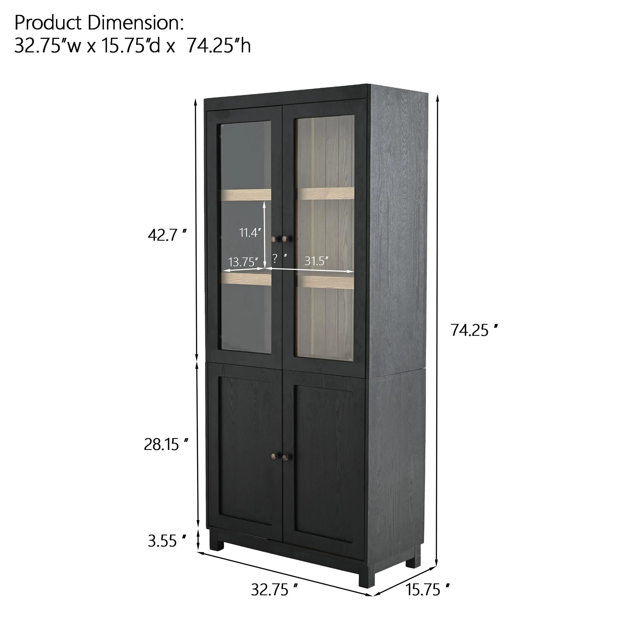 4-Tier Glass Display Cabinet, 74.5'' Tall Curio Display Case with Glass Doors, Wood Storage Cabinets for Collectibles, Black