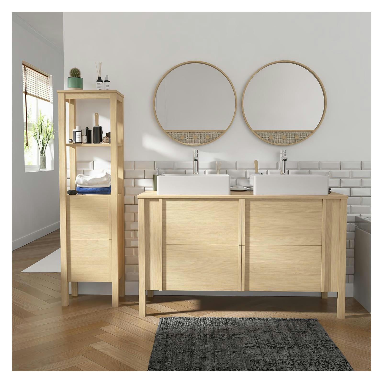NESTO - Meuble double vasque 130cm chêne  + vasque + robinet + miroir +colonne