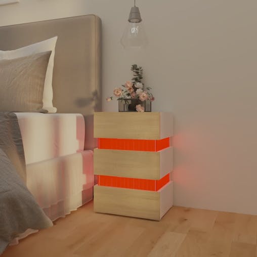 NNEVL LED Bedside Cabinet White and Sonoma Oak 45x35x67 cm Chipboard