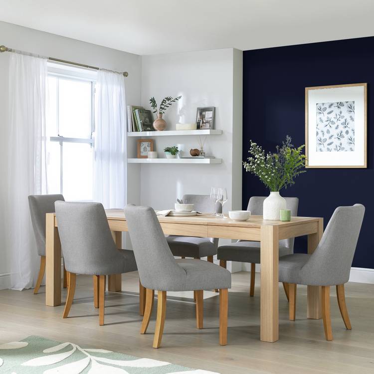 Habitat Alston Extend Natural Dining Table & 6 Grey Chairs