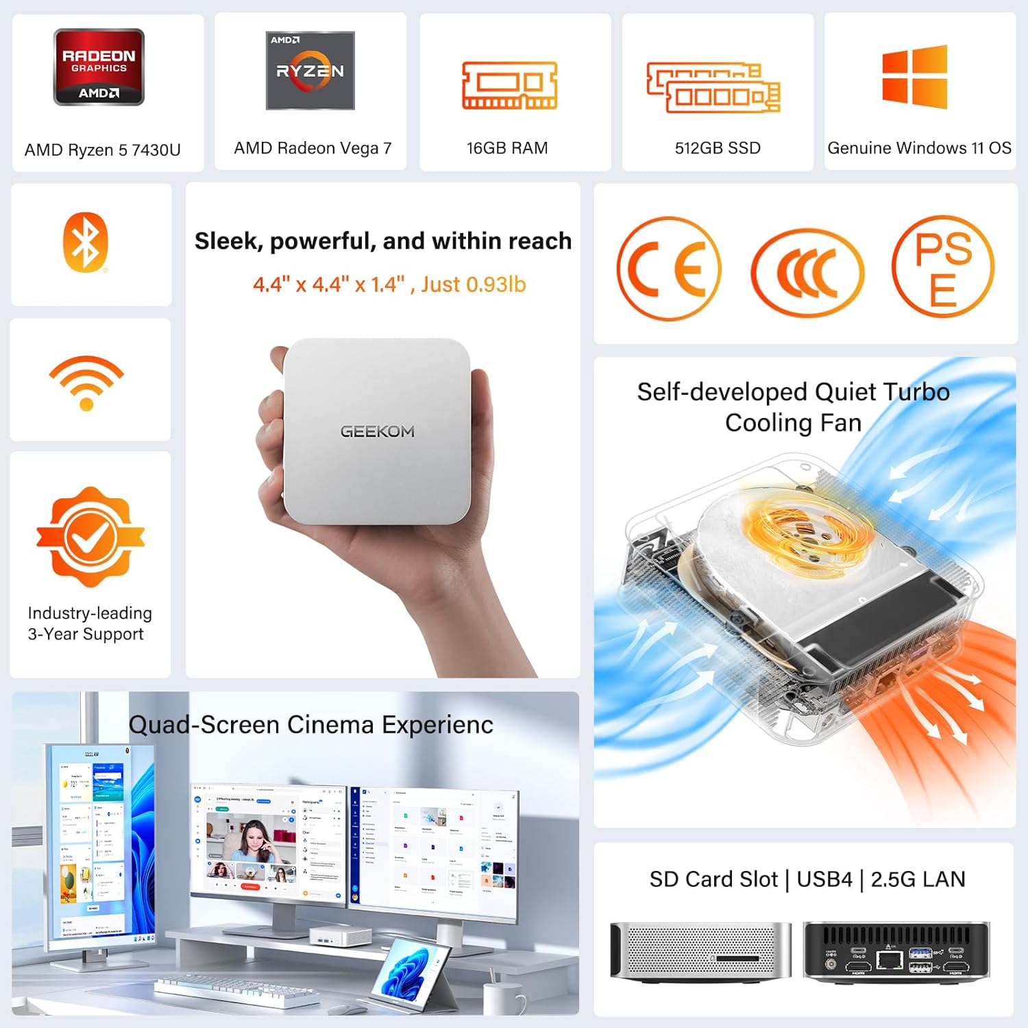 GEEKOM A5 Pro Mini PC (2026) with AMD Ryzen 5 7430U  16GB DDR4 RAM(Upgradable to 96GB  Not LPDDR)  512GB NVMe SSD  Windows 11 Pro Desktop Computer Support 4 Displays/8K/Wi-Fi 6/6xUSB  3-Year Coverage