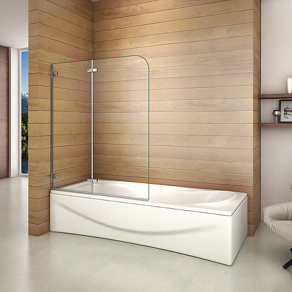 Pare baignoire chromé 2 volets - L.110 x H.140cm - 5mm verre sécurité - Pivotant et repliable 180 degré