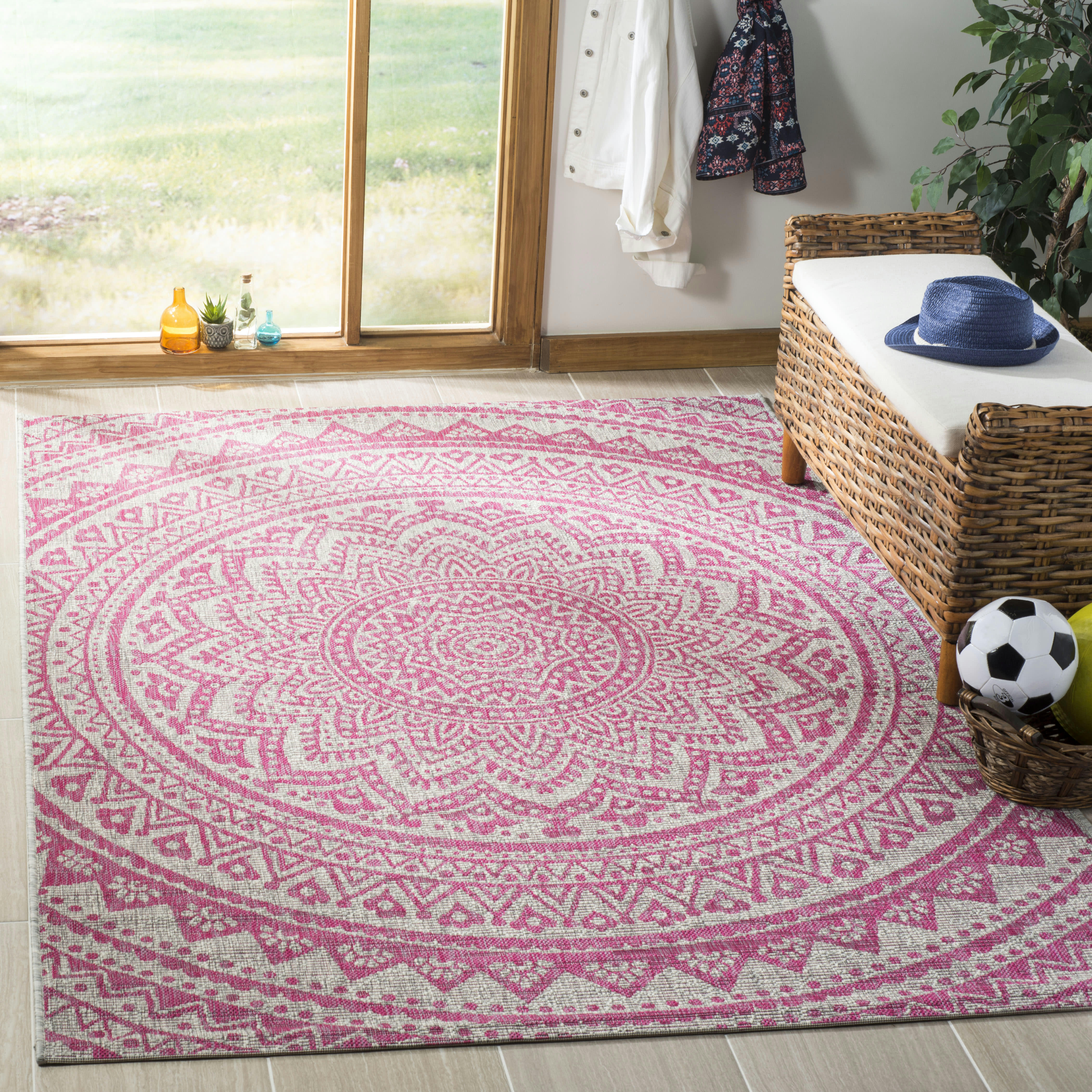 COURTYARD - Tapis interieur & exterieur en gris clair & fuchsia, 201 x 290 cm